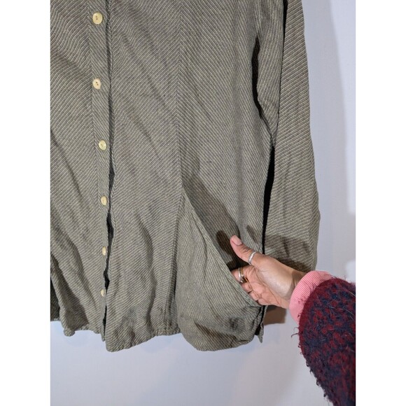 Flax Top Women Sz M Sage Button Down 100% Linen Long Sleeve Lagenlook Tunic - Picture 4 of 6